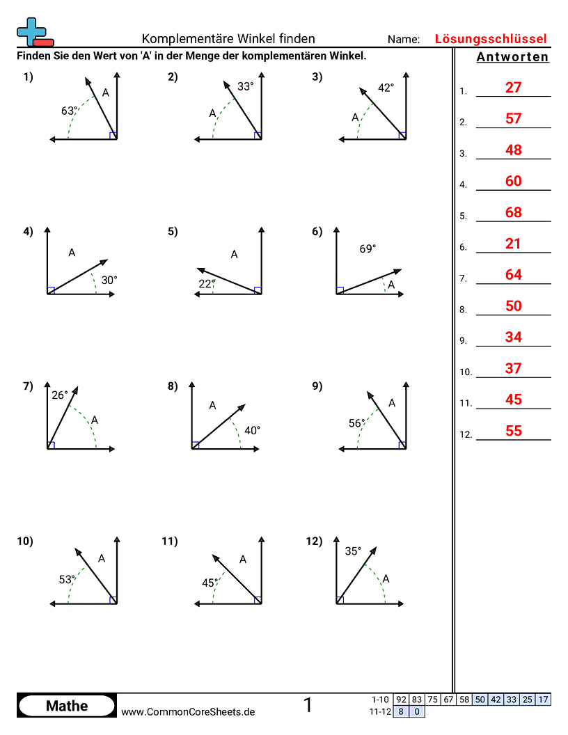 Arbeitsblätter zu Winkel - komplementarwinkel-finden worksheet