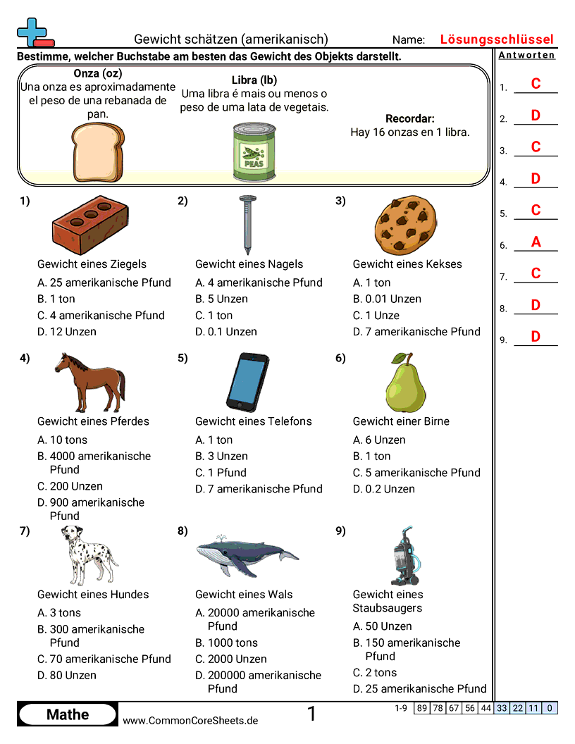 Arbeitsblätter zur Gewichtsrechnung - gewicht-schatzen worksheet