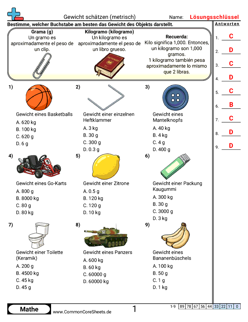 Arbeitsblätter zur Gewichtsrechnung - gewicht-schatzen worksheet