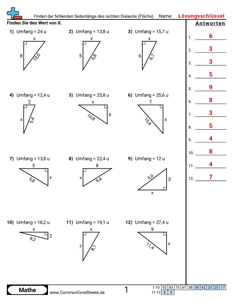 Arbeitsblätter zu Fläche & Umfang - fehlende-seitenlange-eines-rechtwinkligen-dreiecks-flache-finden worksheet