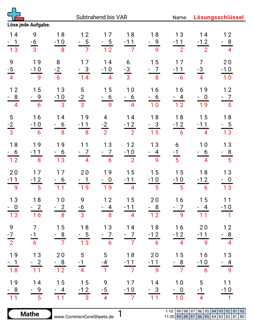 Subtrahend bis 12 worksheet preview