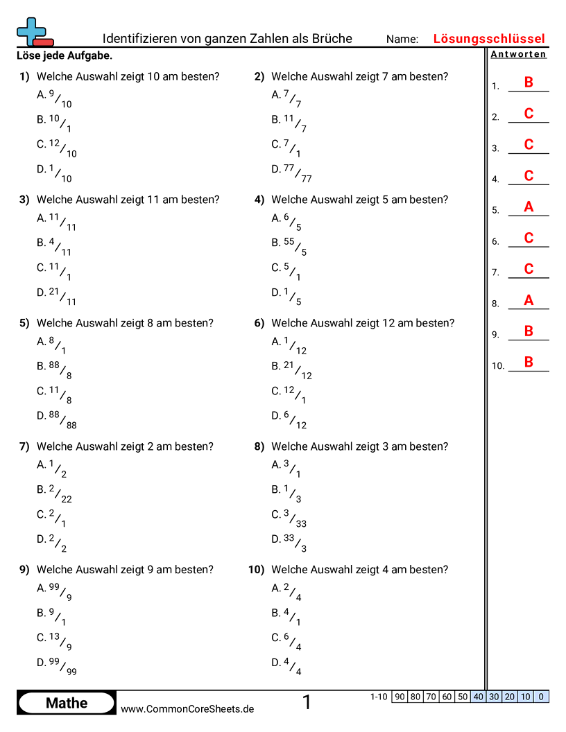 Arbeitsblätter zur Brüchen - ganze-zahl-als-bruche-erkennen worksheet