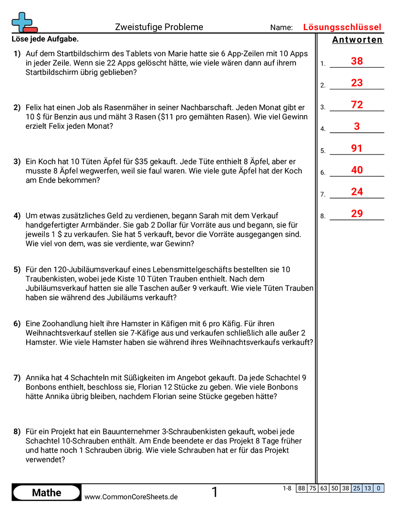 Arbeitsblätter zu mehrstufigen Aufgaben - zwei-schritt-aufgaben-multiplizieren-dann-subtrahieren worksheet
