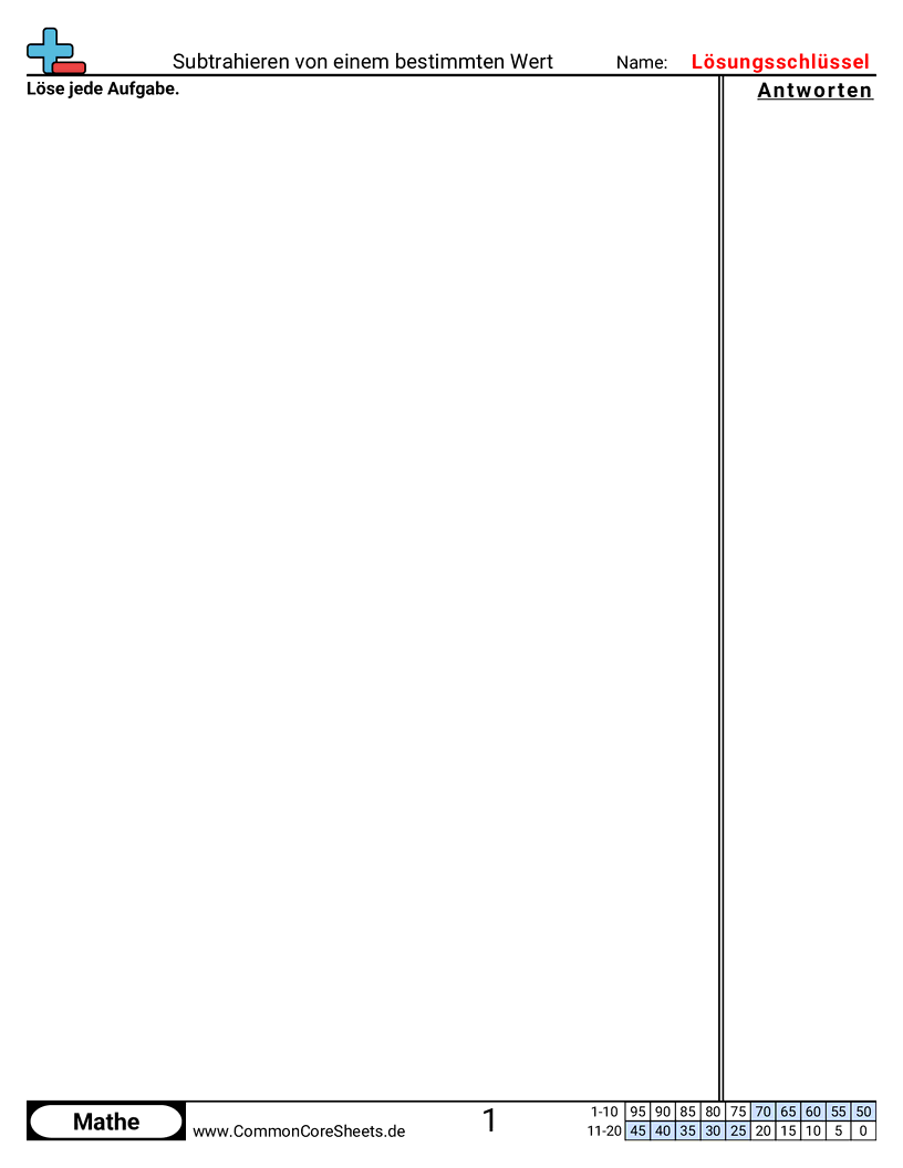 Arbeitsblätter zur Subtraktion - Von einem bestimmten Wert subtrahieren worksheet