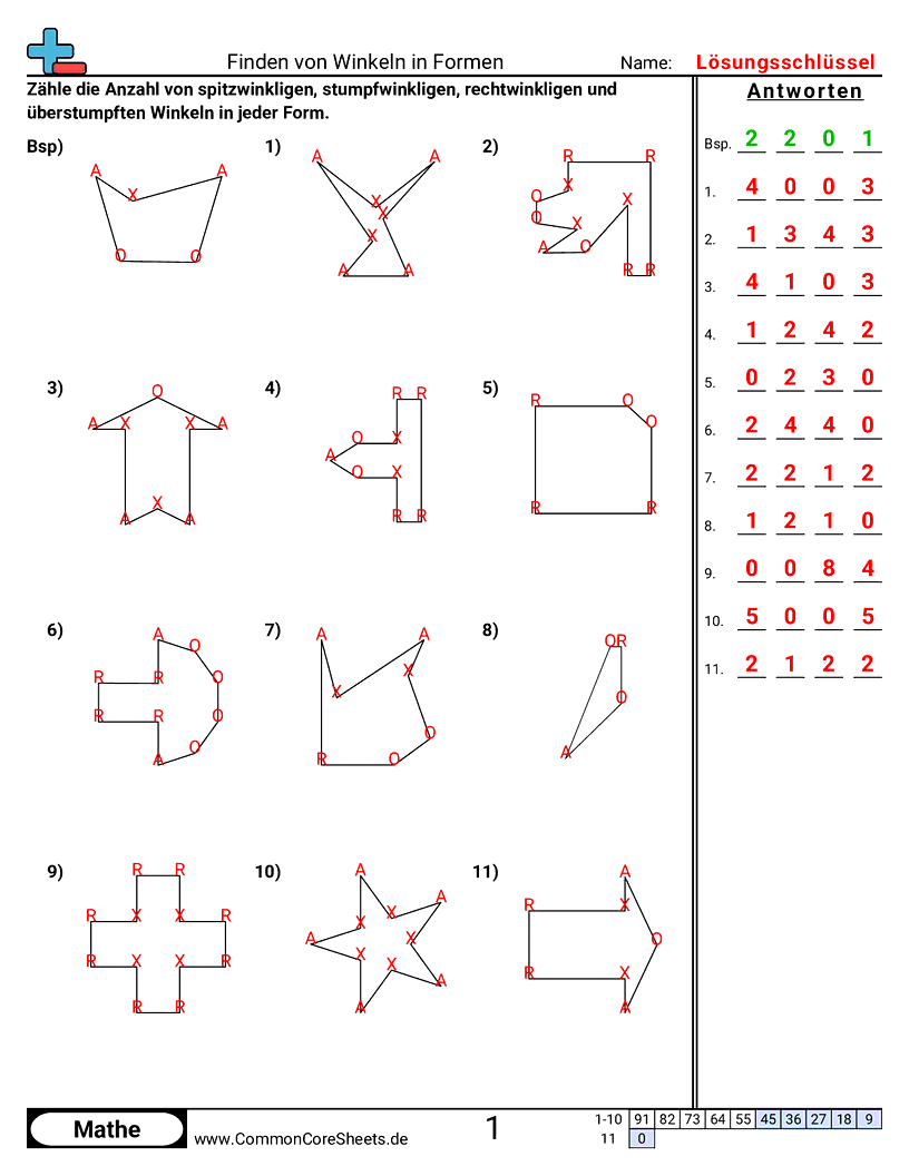 Arbeitsblätter zu Winkel - winkel-in-formen-bestimmen worksheet