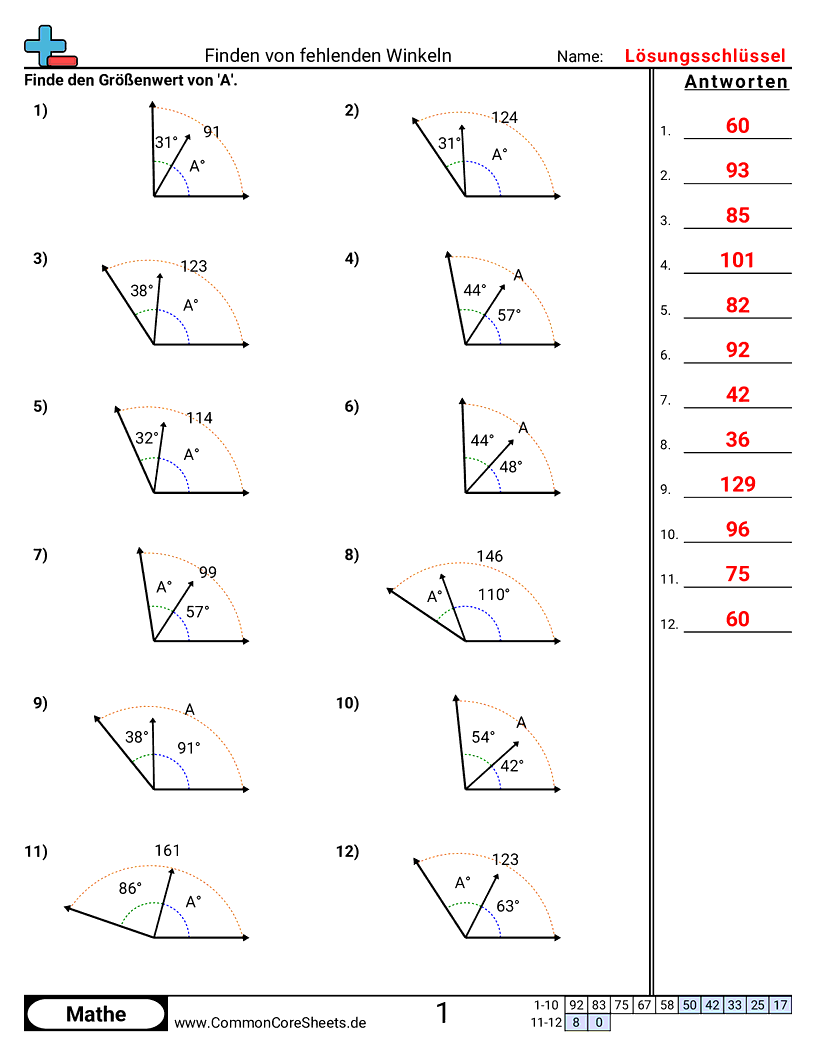 Arbeitsblätter zu Winkel - fehlenden-winkel-finden worksheet