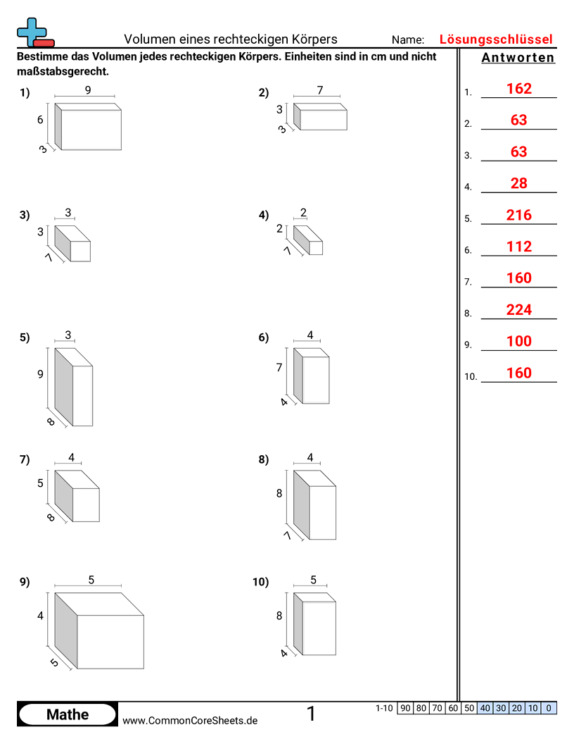 Volumen von Quadern finden worksheet preview