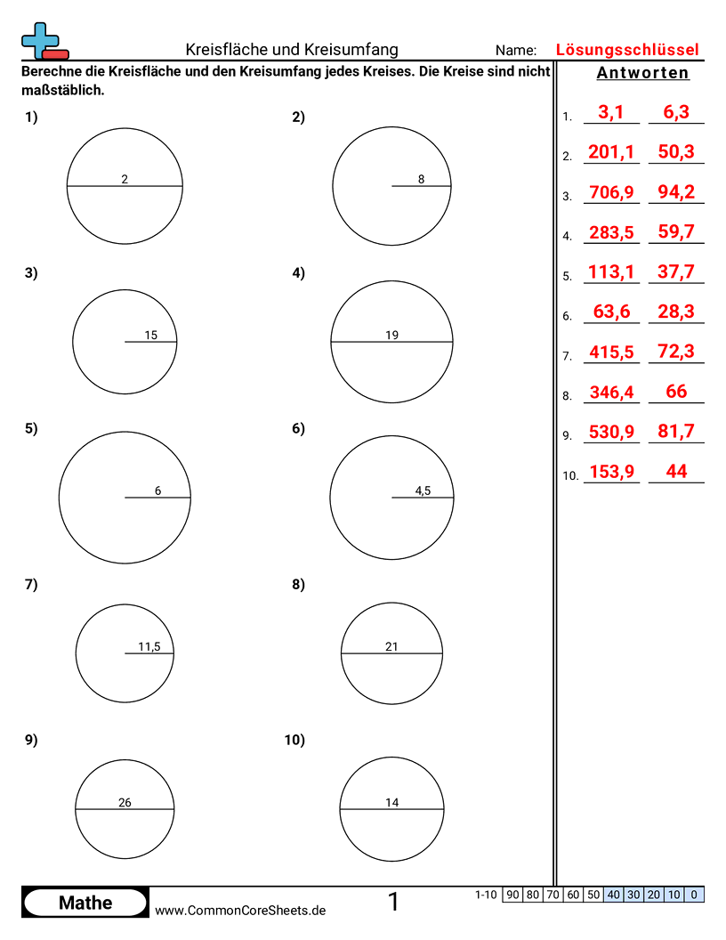 Arbeitsblätter zu Fläche & Umfang - flache-und-umfang-kreis worksheet