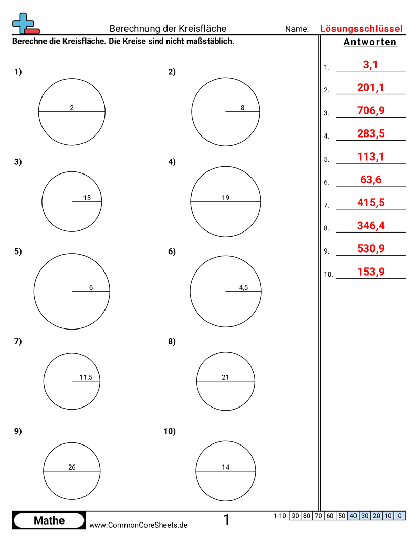 Arbeitsblätter zu Fläche & Umfang - kreisflache worksheet