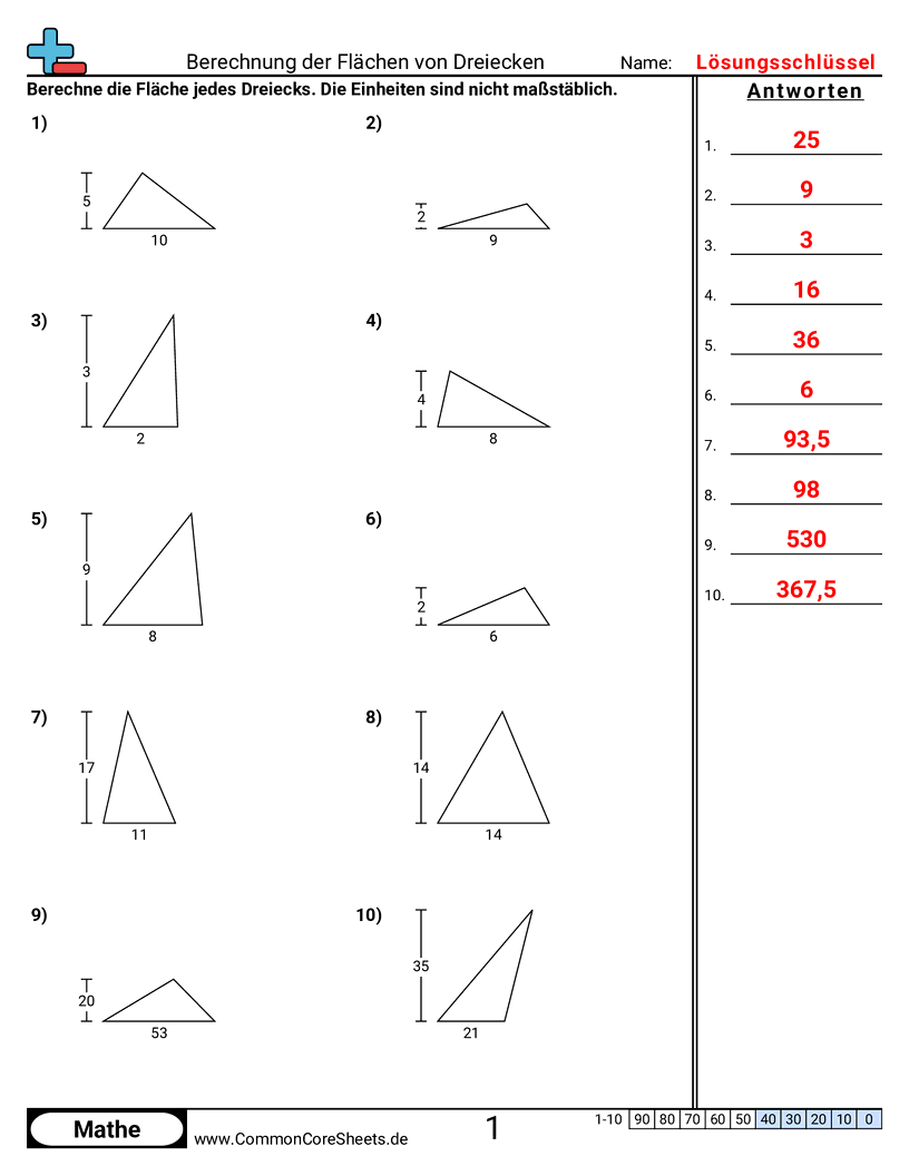 Arbeitsblätter zu Fläche & Umfang - flache-von-dreiecken-grundseite-und-hohe worksheet