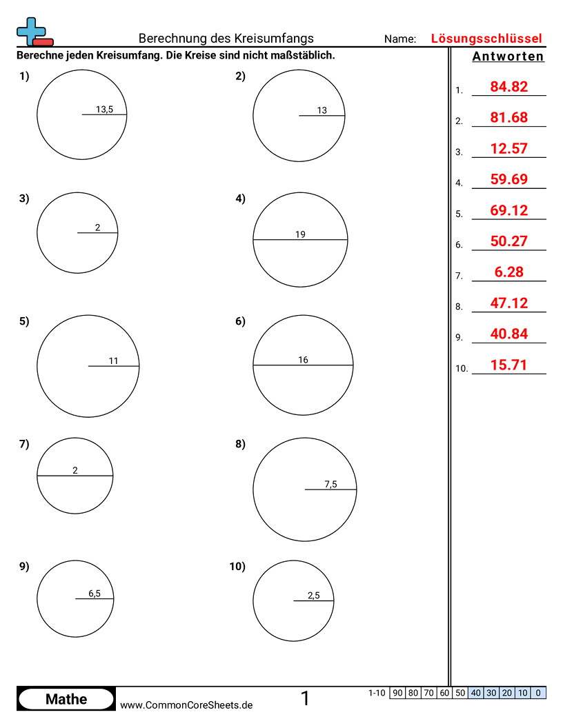 Arbeitsblätter zu Fläche & Umfang - kreisumfang worksheet