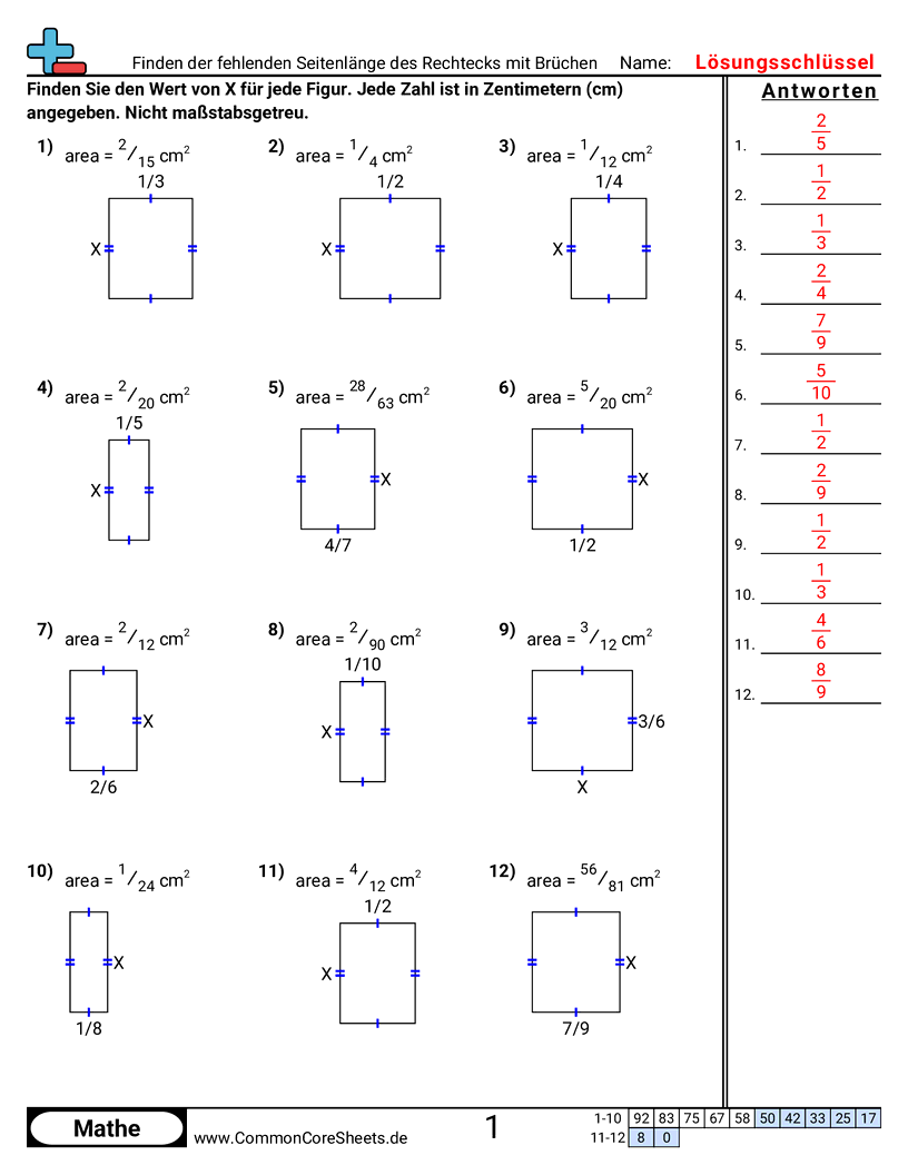 Arbeitsblätter zu Fläche & Umfang - fehlende-rechteckseitenlange-mit-bruchen-finden worksheet