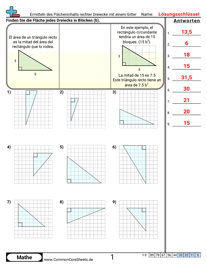 Arbeitsblätter zu Fläche & Umfang - flache-rechtwinkliger-dreiecke-mit-raster-finden worksheet