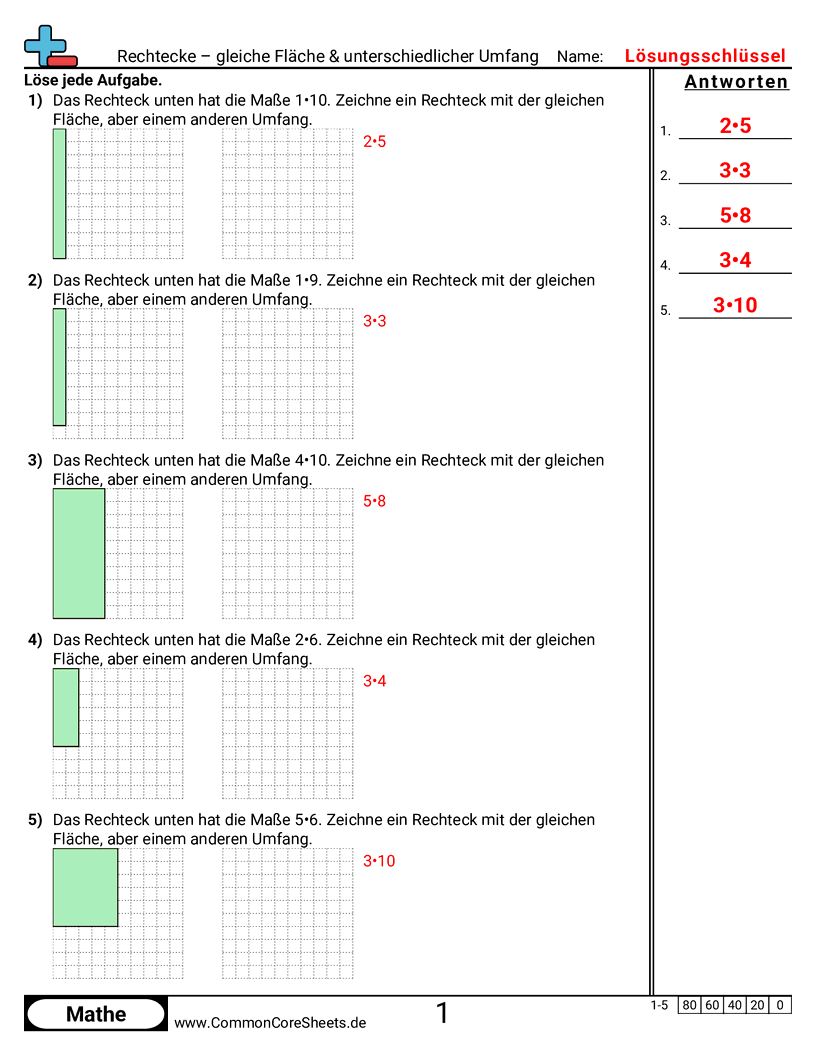 Arbeitsblätter zu Fläche & Umfang - rechtecke-gleiche-flache-unterschiedlicher-umfang worksheet