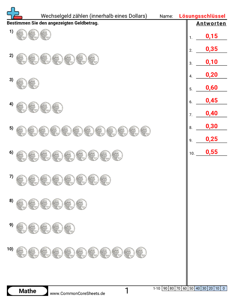Arbeitsblätter zur Geldrechnung - Wechselgeld zählen (bis 1 Dollar) worksheet