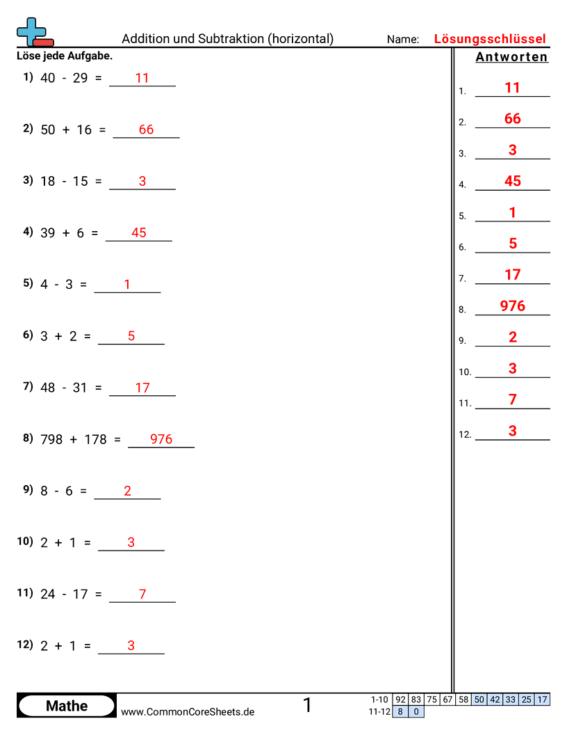Arbeitsblätter zur Addition - addition-und-subtraktion-horizontal worksheet
