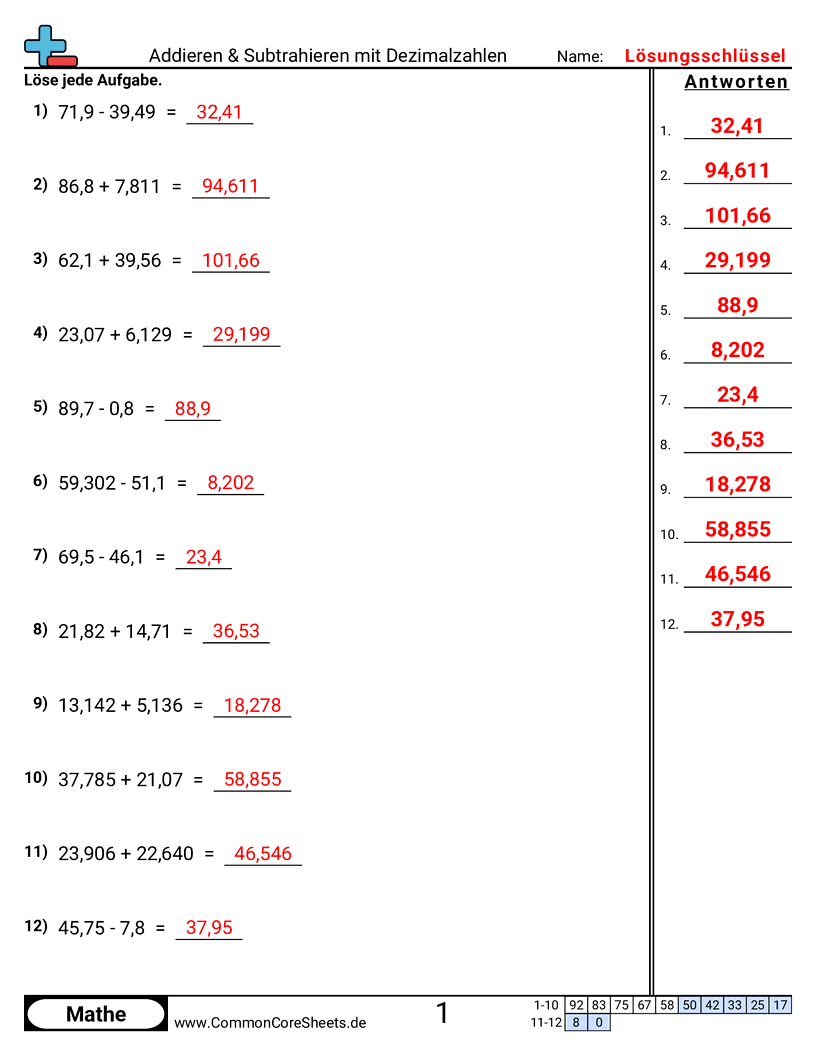 Arbeitsblätter zu Dezimalzahlen - dezimalzahlen-addieren-subtrahieren-horizontal worksheet