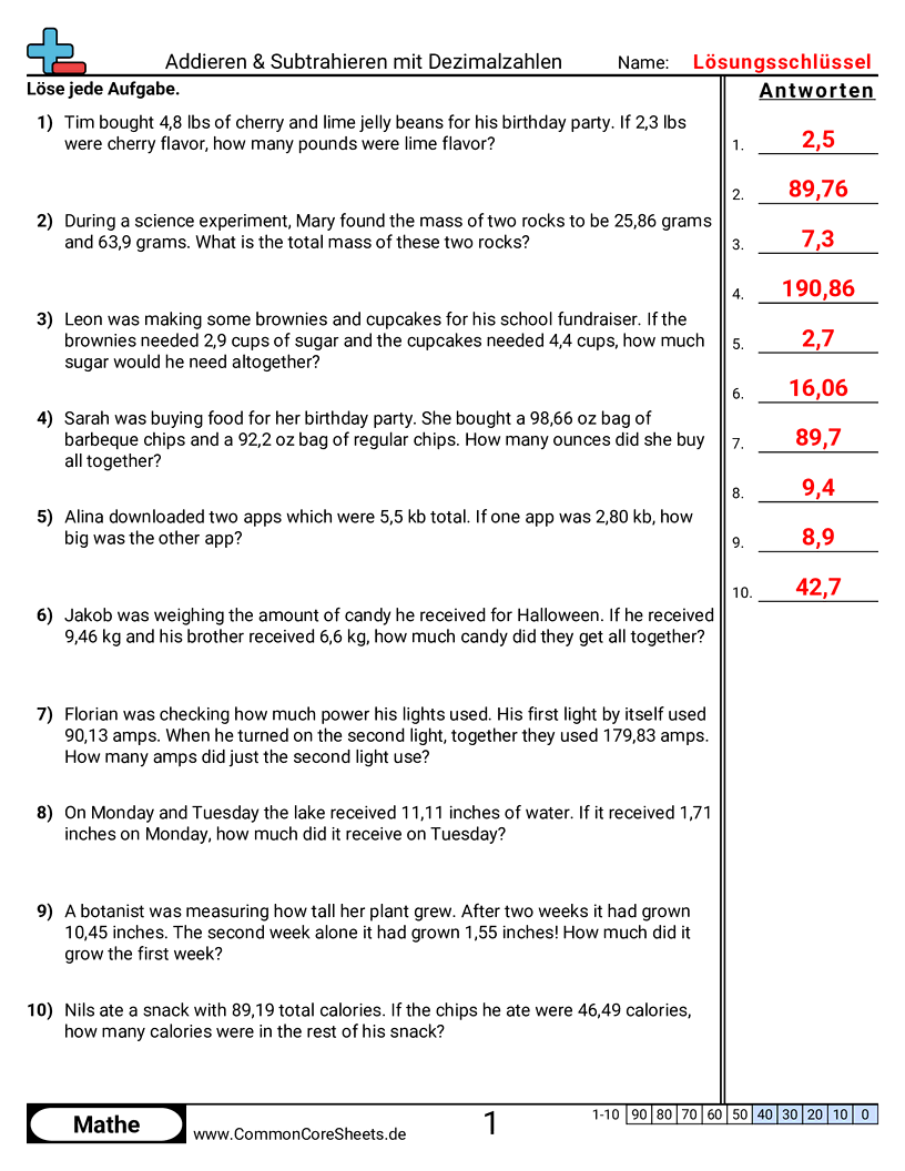 Arbeitsblätter zu Dezimalzahlen - bis-hundertstel-addieren-und-subtrahieren-text worksheet