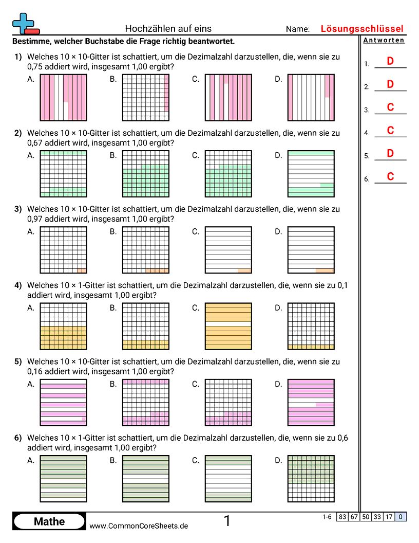 Arbeitsblätter zu Dezimalzahlen - addieren-und-subtrahieren-bis-1 worksheet