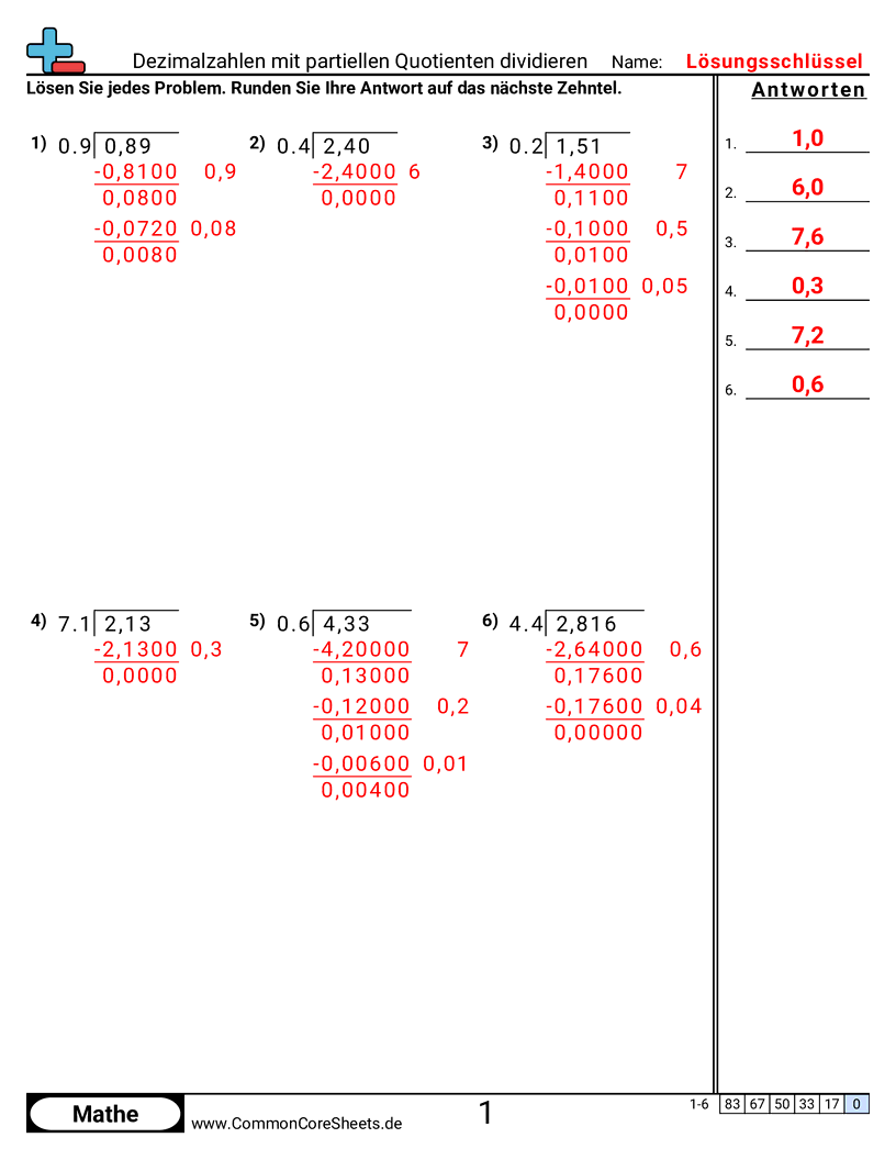 Arbeitsblätter zu Dezimalzahlen - dezimaldivision-mit-teilquotienten worksheet
