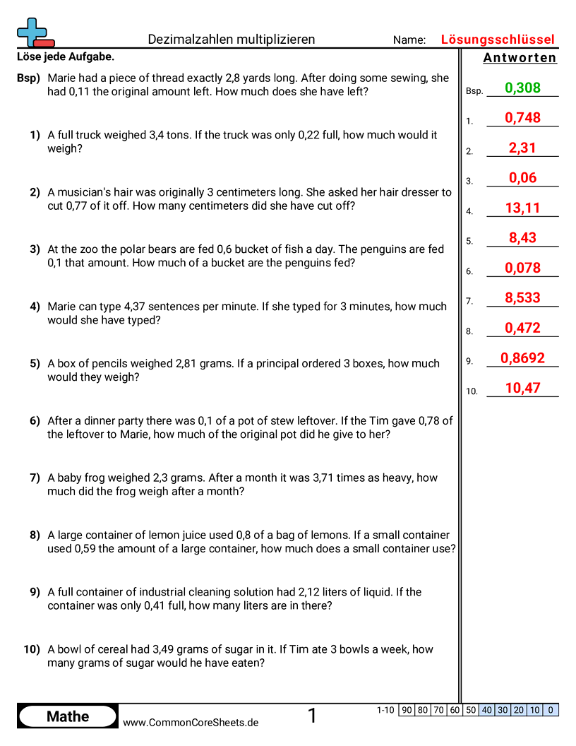 Arbeitsblätter zu Dezimalzahlen - dezimalzahlen-multiplizieren-worter worksheet