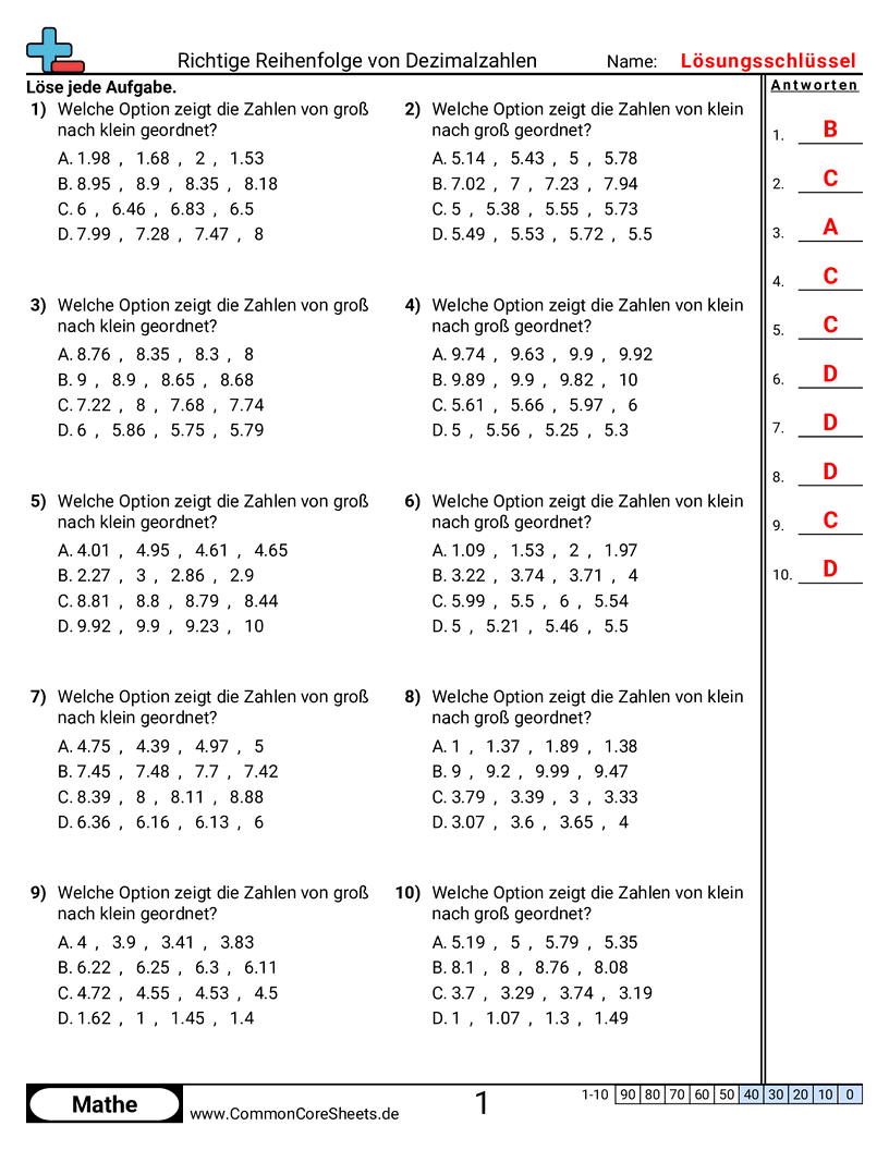 Arbeitsblätter zu Dezimalzahlen - bis-hundertstel worksheet
