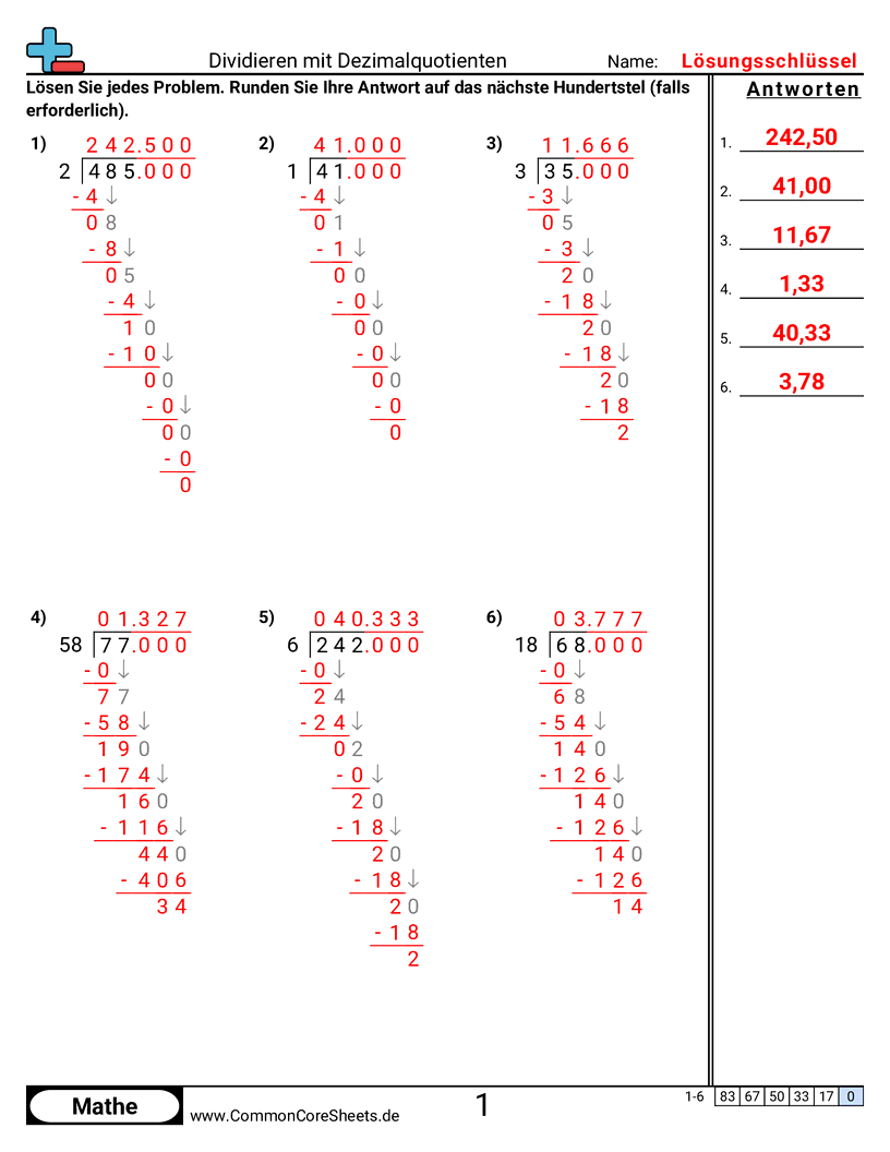 Arbeitsblätter zu Dezimalzahlen - division-mit-dezimalquotienten worksheet