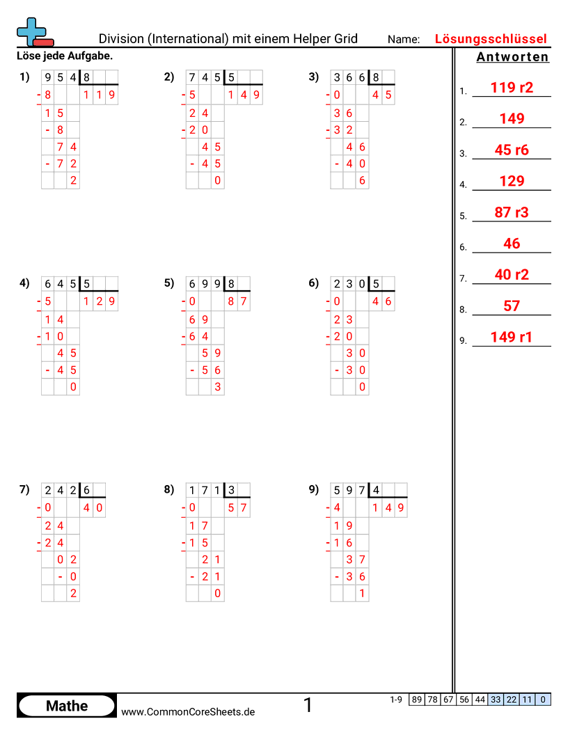 Arbeitsblätter zur Division - division-international-mit-hilfsgitter worksheet