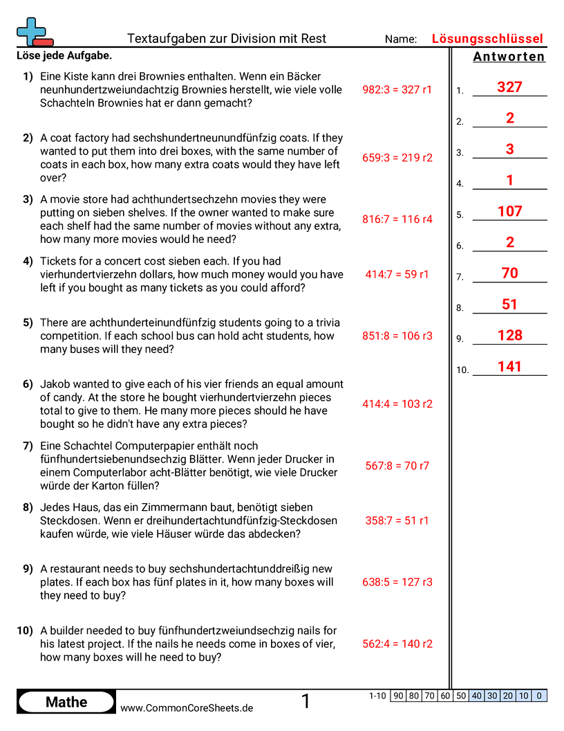 Arbeitsblätter zur Division - 3-d-1-mit-rest worksheet