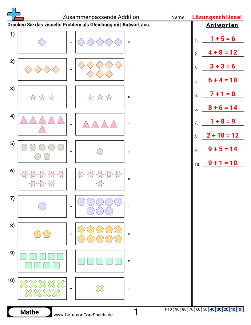 Arbeitsblätter zur Addition - addition-zuordnen worksheet
