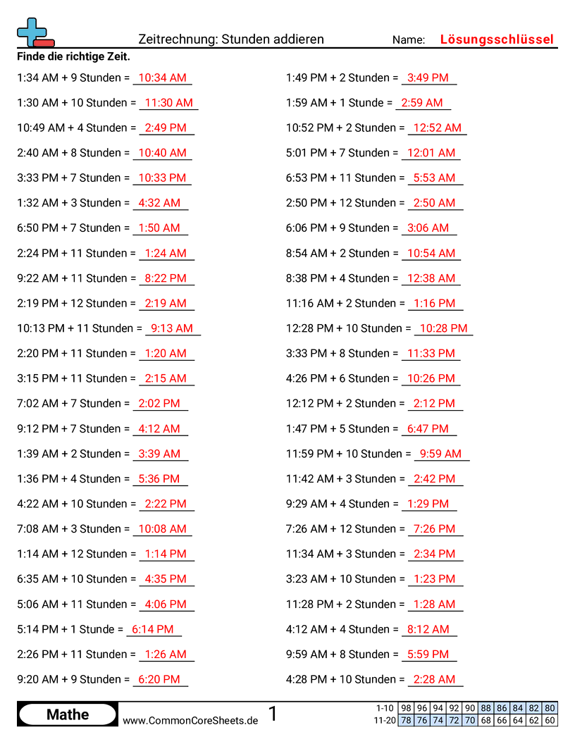 Arbeitsblätter zu Rechenübungen - stunden-addieren worksheet