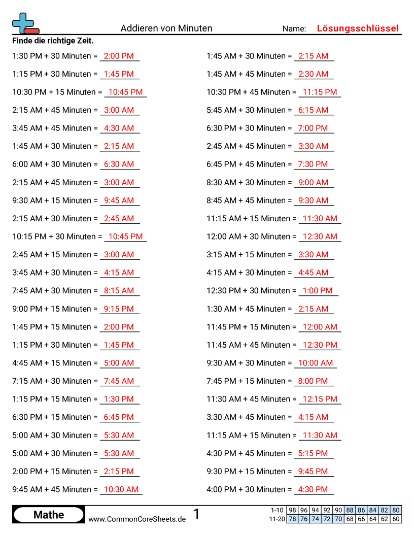 Arbeitsblätter zu Rechenübungen - minuten-addieren worksheet