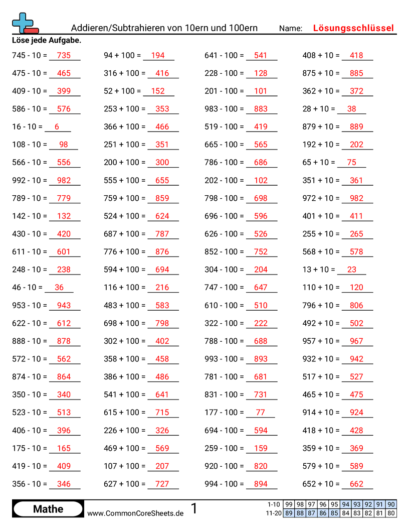 Arbeitsblätter zu Rechenübungen - 10er-und-100er-addieren-subtrahieren worksheet