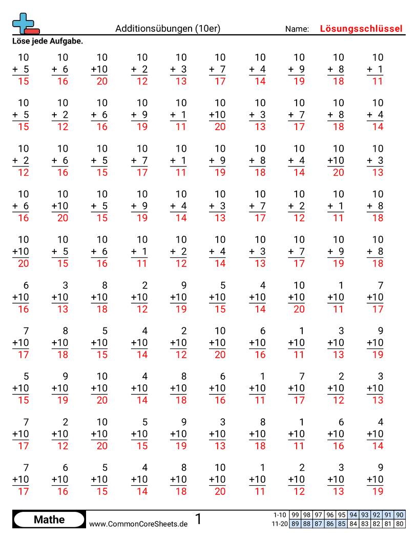 Arbeitsblätter zu Rechenübungen - 10er worksheet