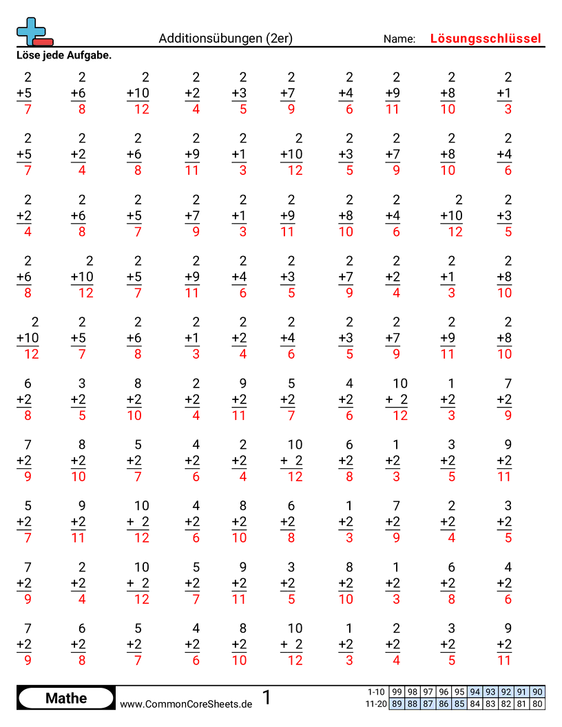 Arbeitsblätter zu Rechenübungen - 2er worksheet