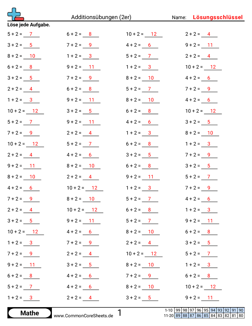 Arbeitsblätter zu Rechenübungen - 2er-horizontal worksheet