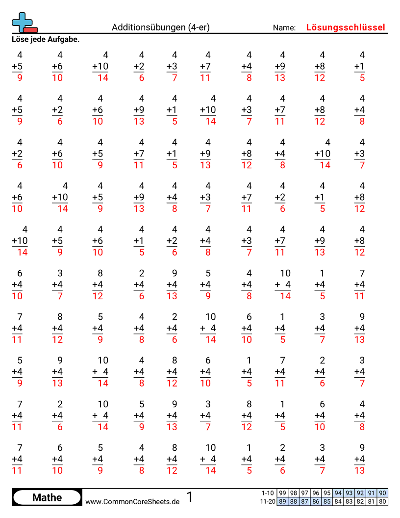Arbeitsblätter zu Rechenübungen - 4er worksheet