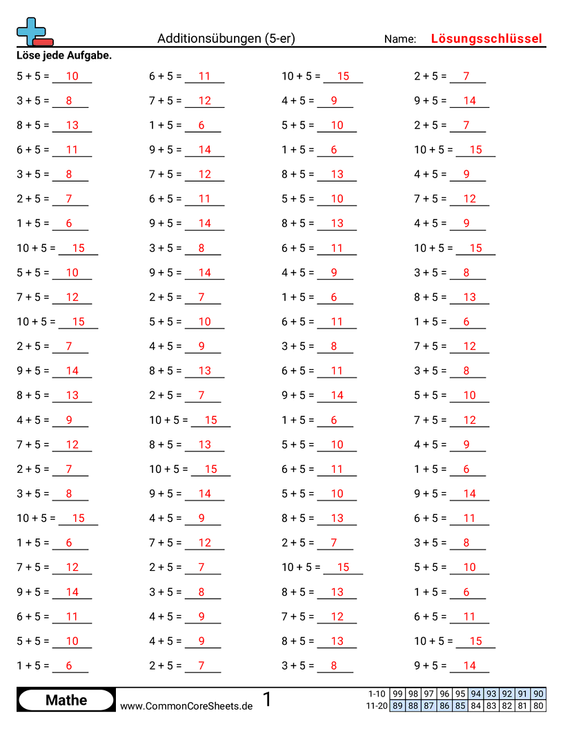 Arbeitsblätter zu Rechenübungen - 5er-horizontal worksheet