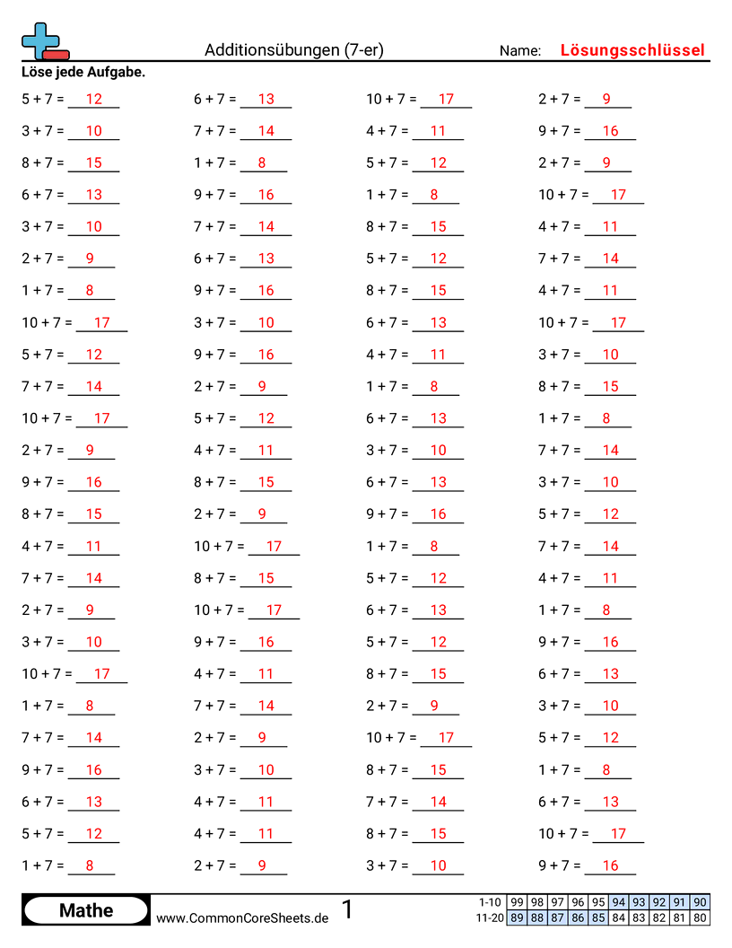 Arbeitsblätter zu Rechenübungen - 7er-horizontal worksheet