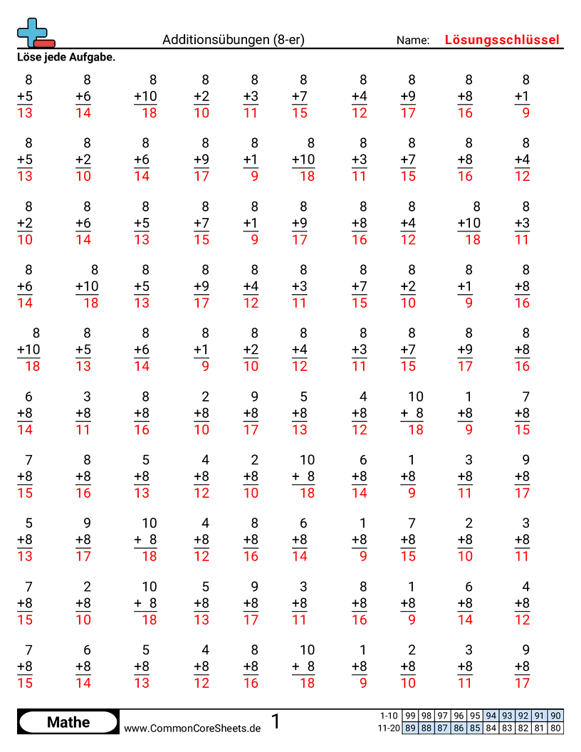 Arbeitsblätter zu Rechenübungen - 8er worksheet