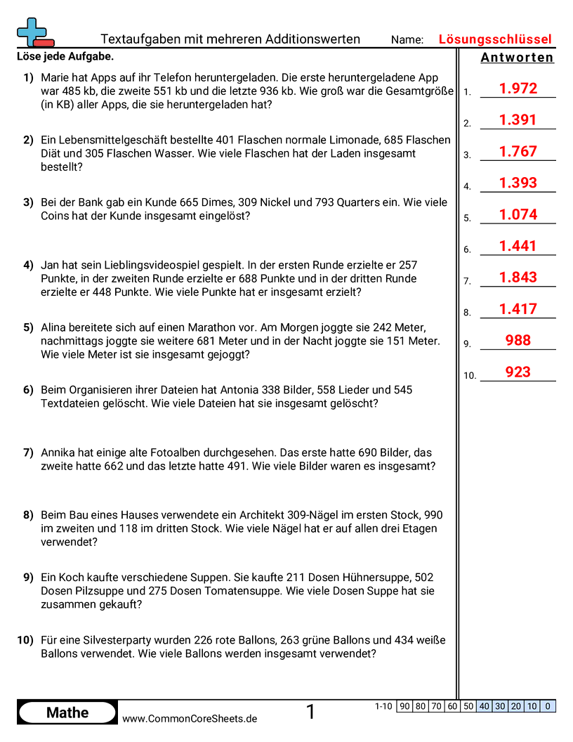 Arbeitsblätter zur Addition - mehrere-summanden-3-stellig-text worksheet