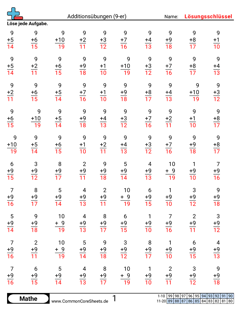 Arbeitsblätter zu Rechenübungen - 9er worksheet
