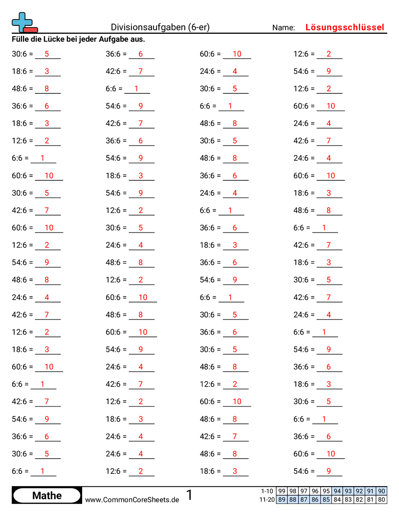Arbeitsblätter zur Division - 6er worksheet