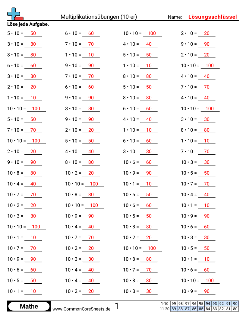 Arbeitsblätter zur Multiplikation - 10er-horizontal worksheet