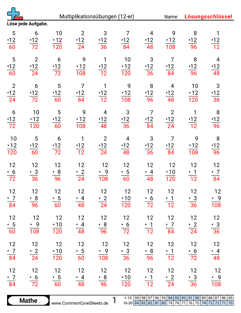 Arbeitsblätter zur Multiplikation - 12er worksheet