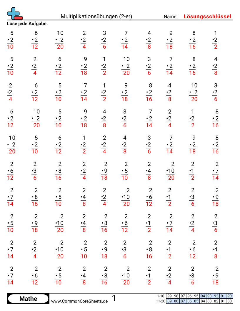 Arbeitsblätter zur Multiplikation - 2er worksheet