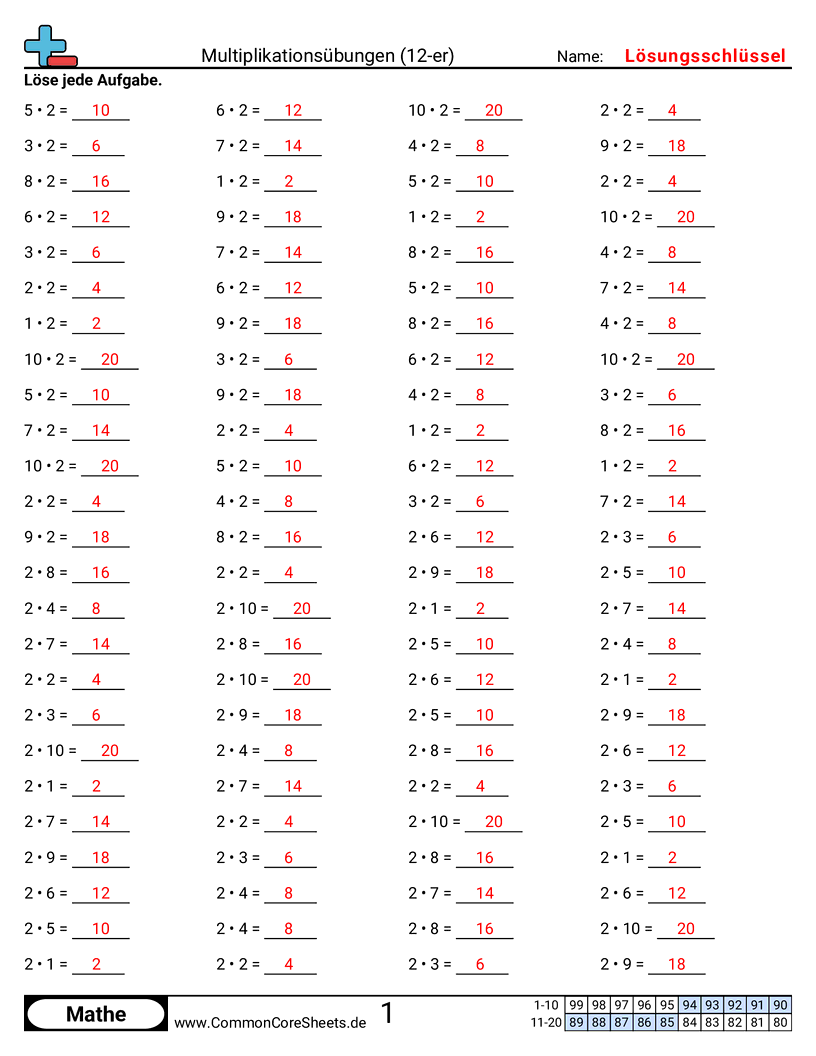 Arbeitsblätter zur Multiplikation - 2er-horizontal worksheet