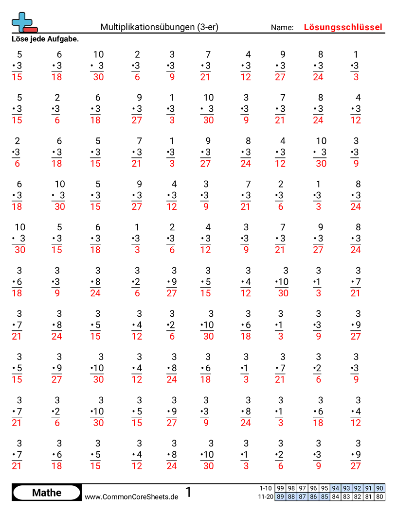 Arbeitsblätter zur Multiplikation - 3er worksheet