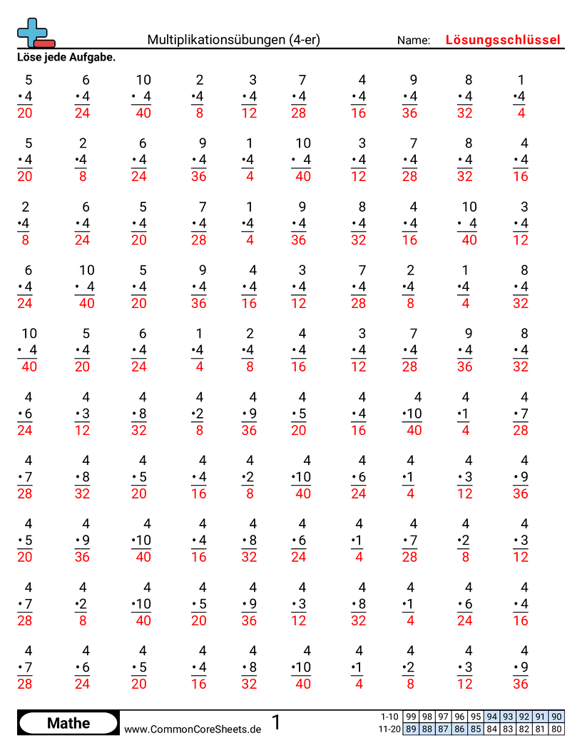 Arbeitsblätter zur Multiplikation - 4er worksheet