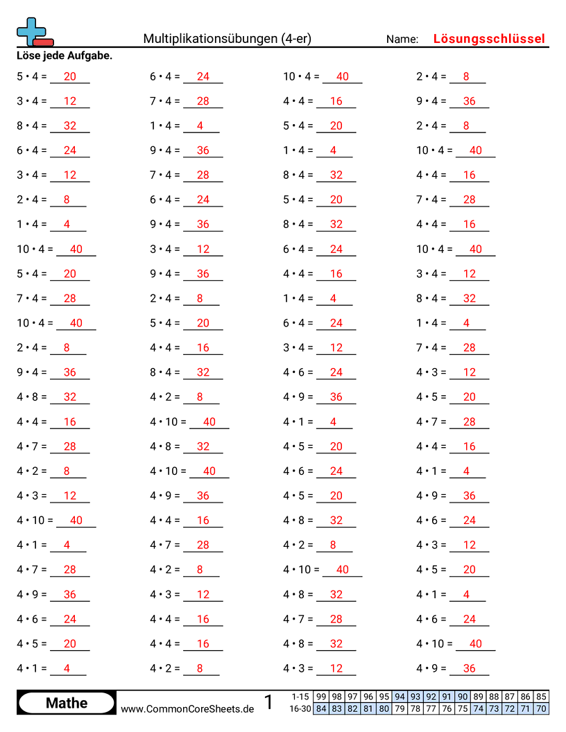 Arbeitsblätter zur Multiplikation - 4er-horizontal worksheet